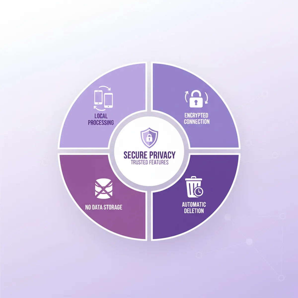 privacy and data security features visualization showing encryption and automatic deletion