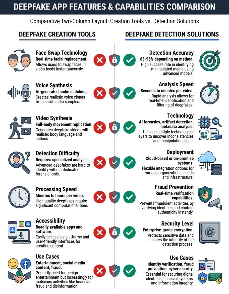 Comprehensive comparison chart showing different deepfake app features and capabilities
