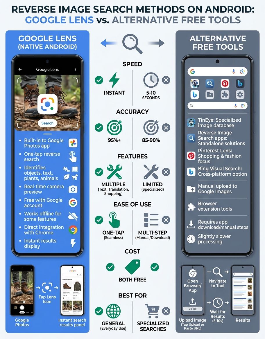 Visual comparison table showing reverse image search android features and capabilities