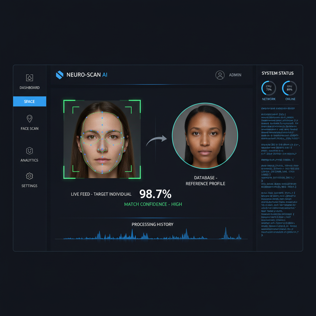 Face comparison online free real-time AI processing interface with neural network visualization and live accuracy metrics