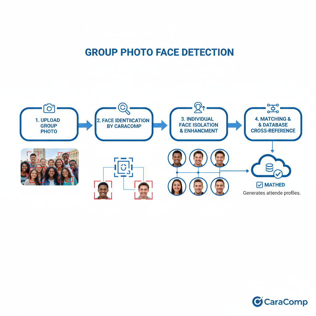 Group photo face detection process showing how CaraComp identifies and matches faces in group photos using bounding box correlation