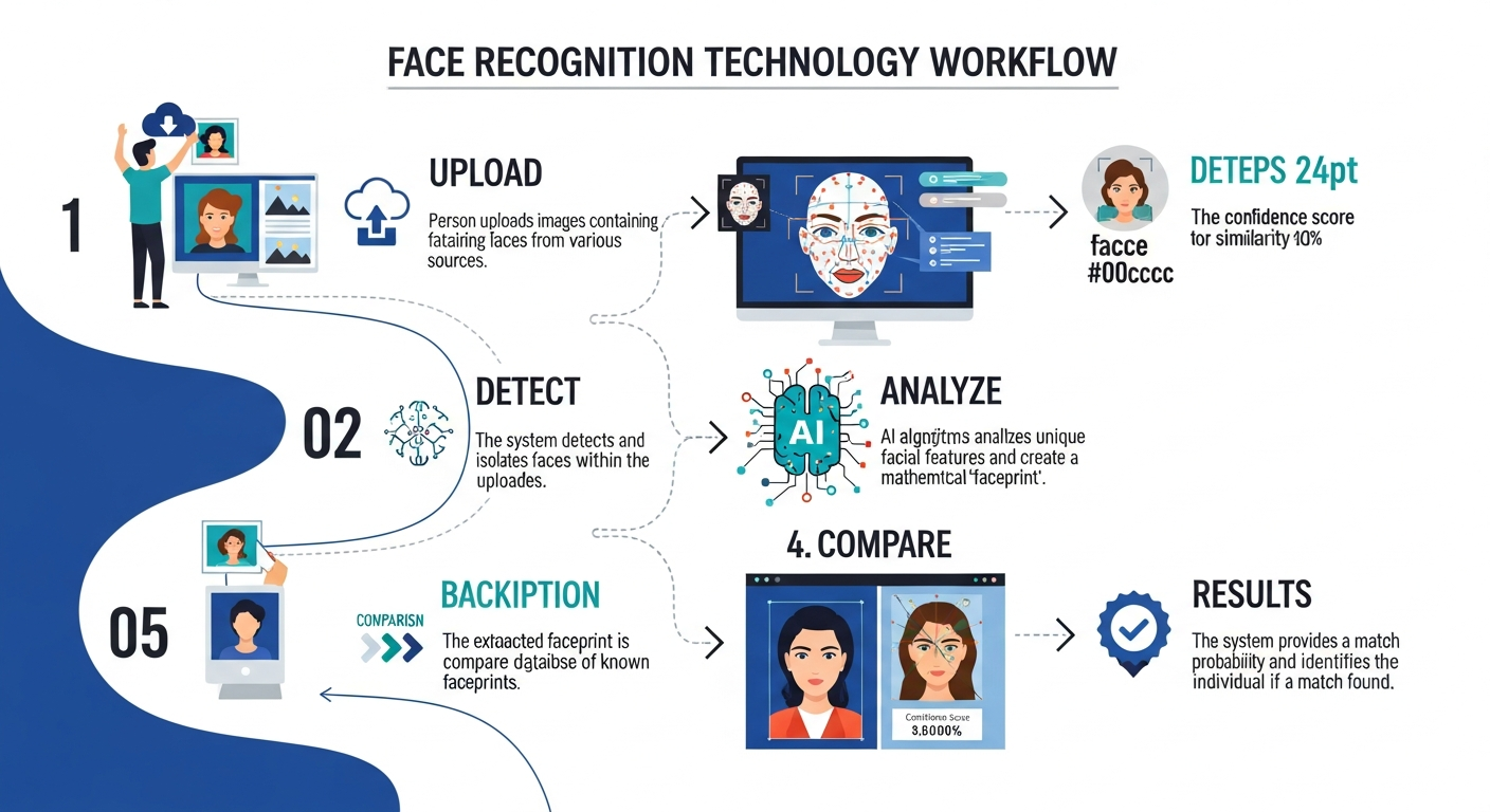 Five-stage forensic-grade face detection process flow showing image preprocessing, AI detection, feature extraction, similarity analysis, and verification