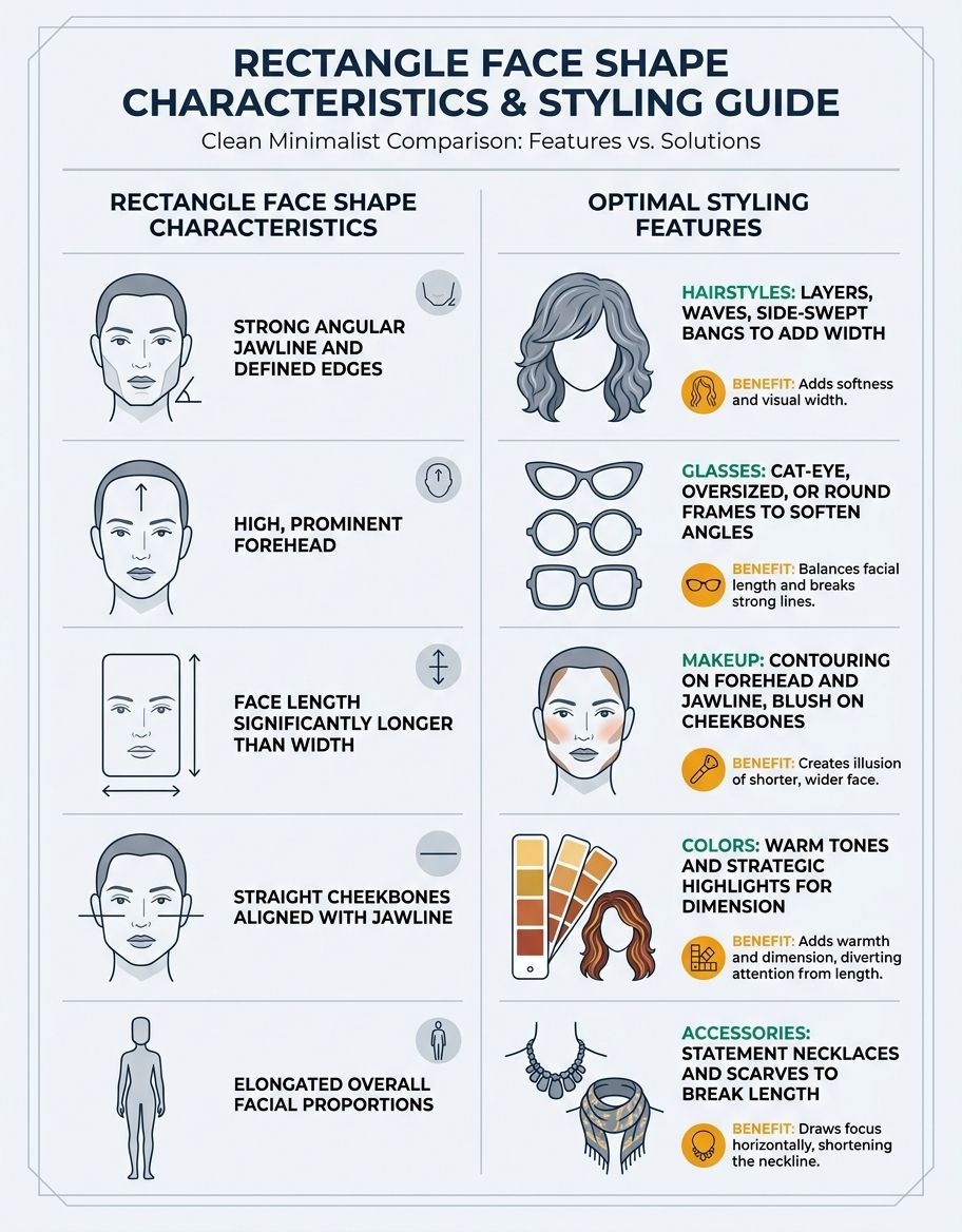 Face shape comparison guide showing rectangle, square, oval, round, and heart shapes