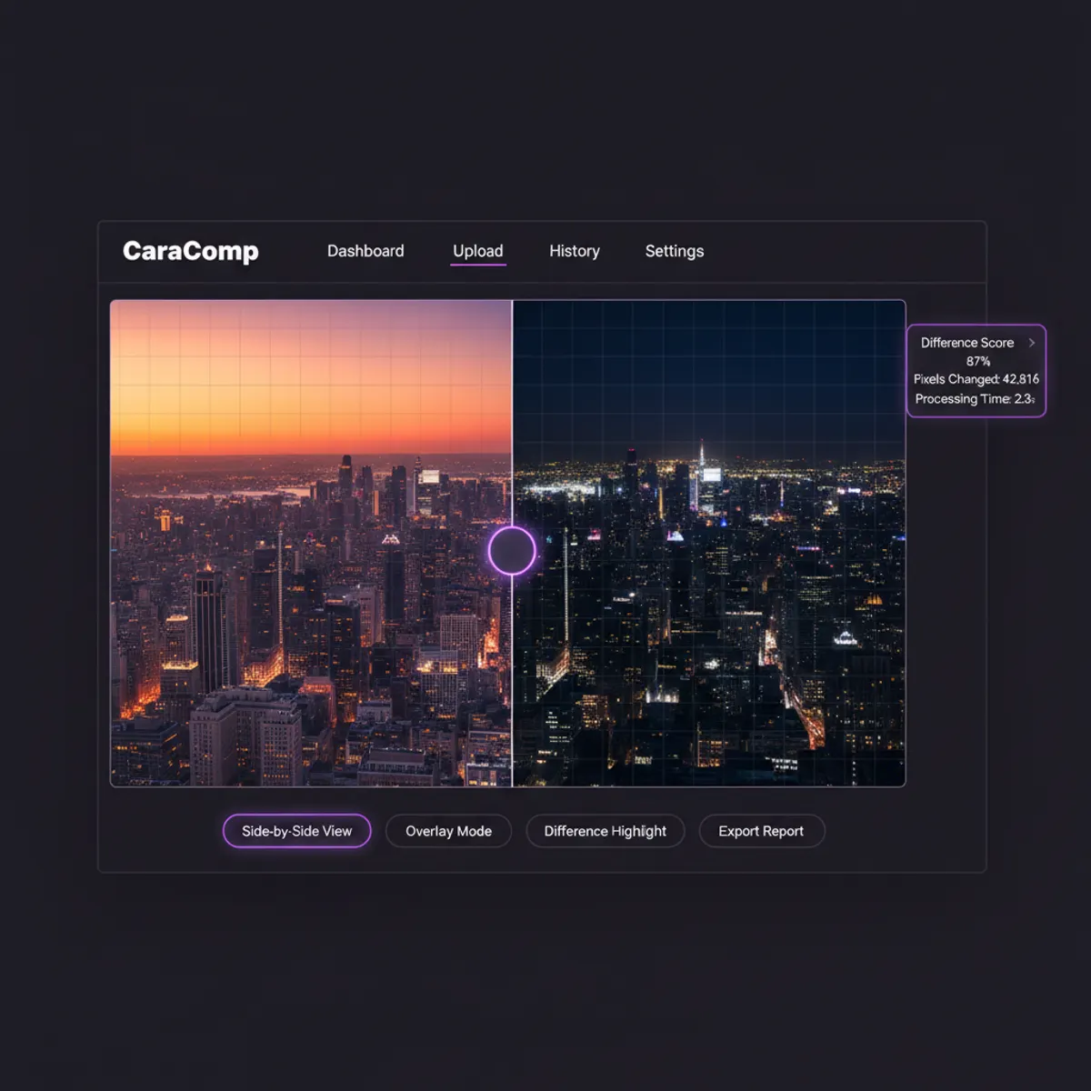 image comparison interface showing side-by-side visual comparison features for analyzing variations