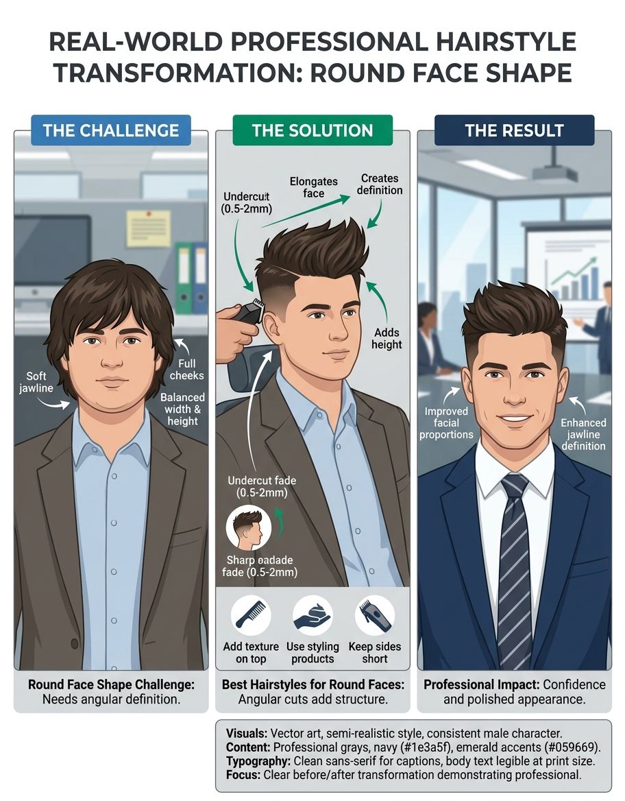 Real-world application scenario for round face shape hairstyles male in professional context