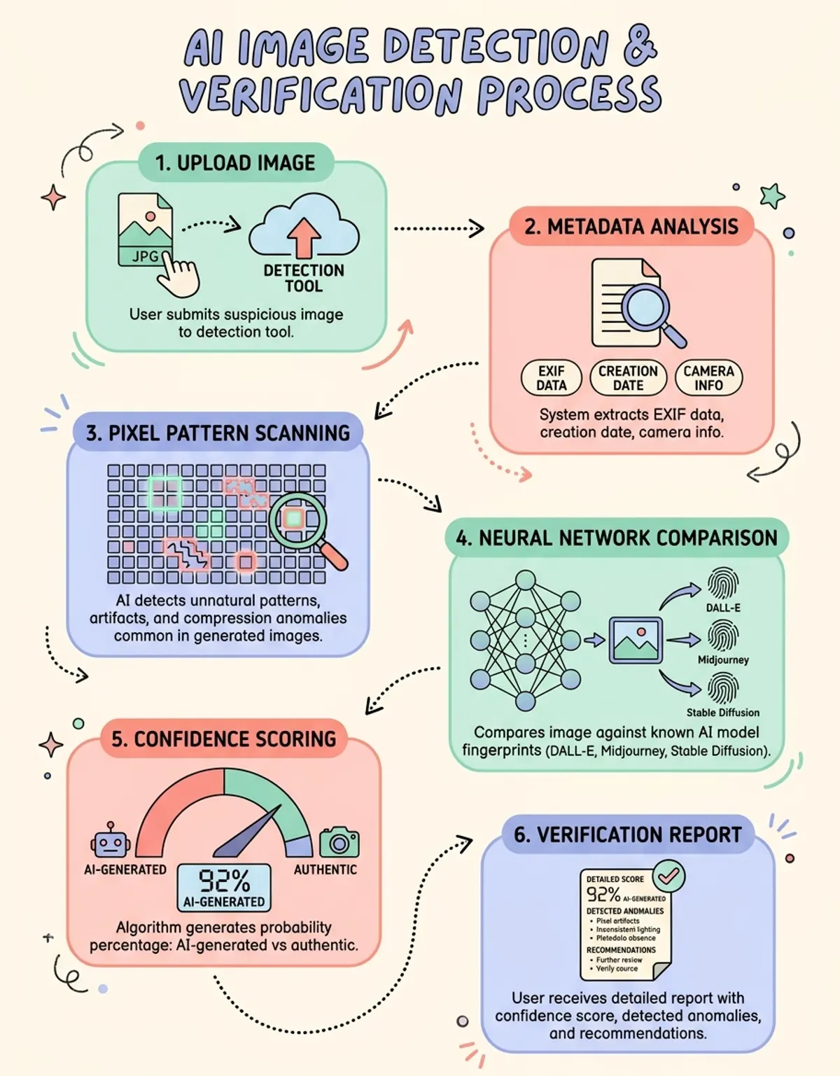 Explain how is this image ai generated detection and matching works with numbered steps and flow