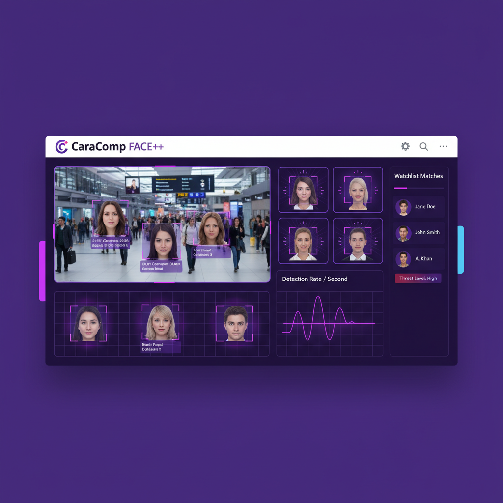 Face++ advanced facial recognition platform dashboard showing multiple faces being analyzed with detection overlays