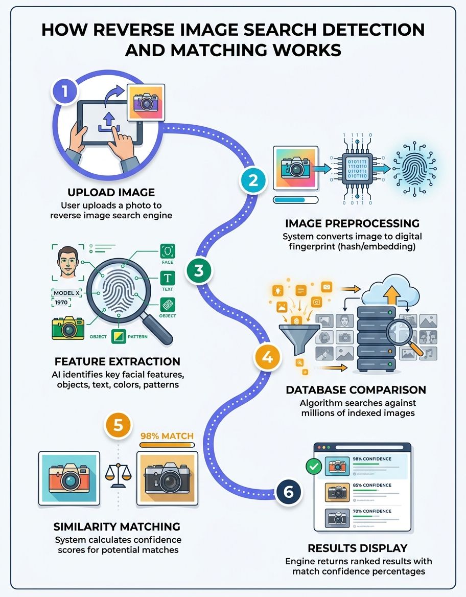Explain how best-reverse-image-search detection and matching works with numbered steps and flow