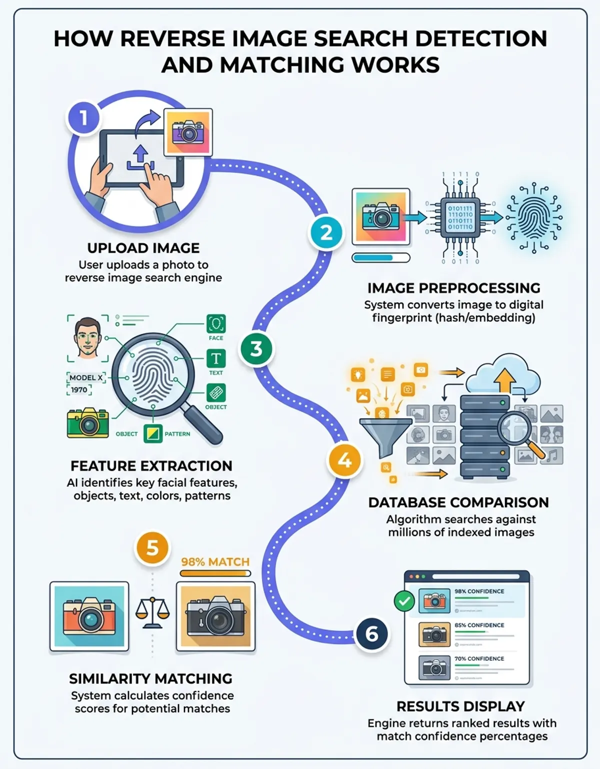 Explain how best-reverse-image-search detection and matching works with numbered steps and flow
