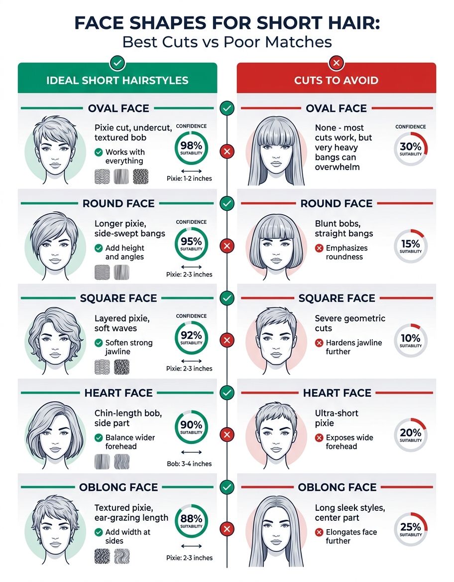 Short hairstyles comparison chart showing recommendations for each face shape