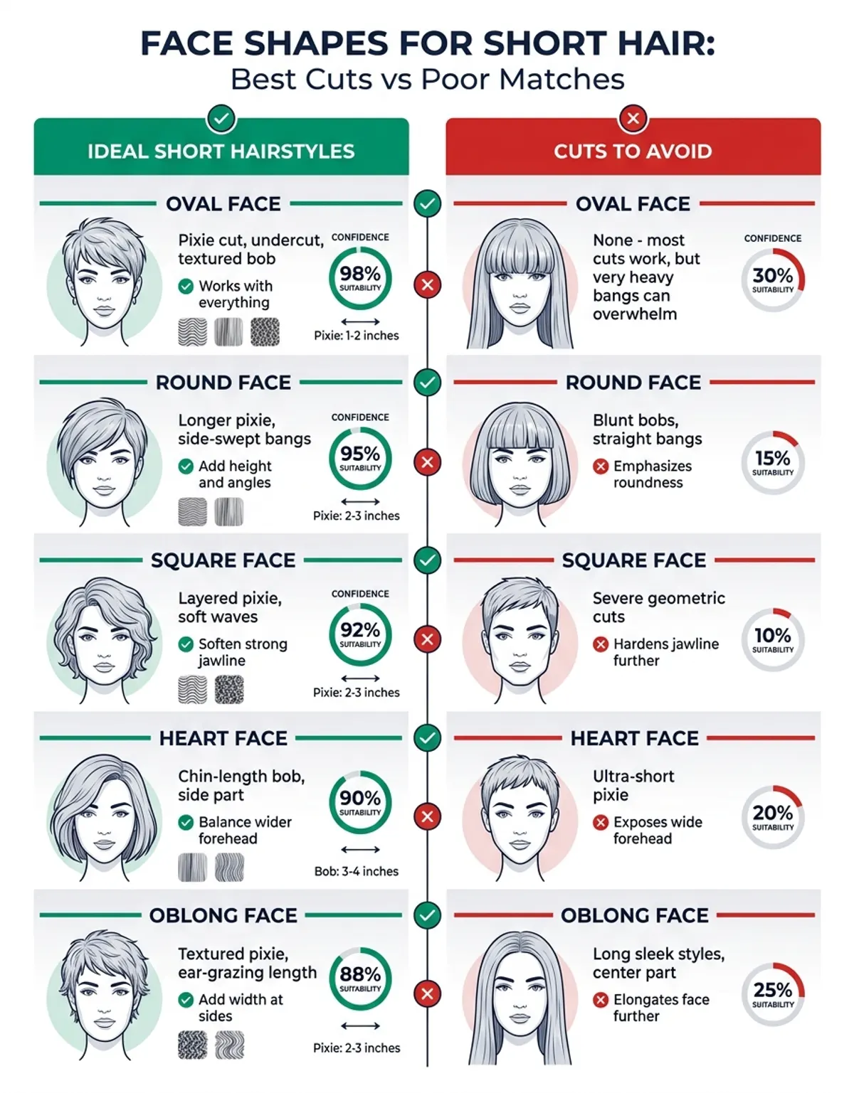 Short hairstyles comparison chart showing recommendations for each face shape