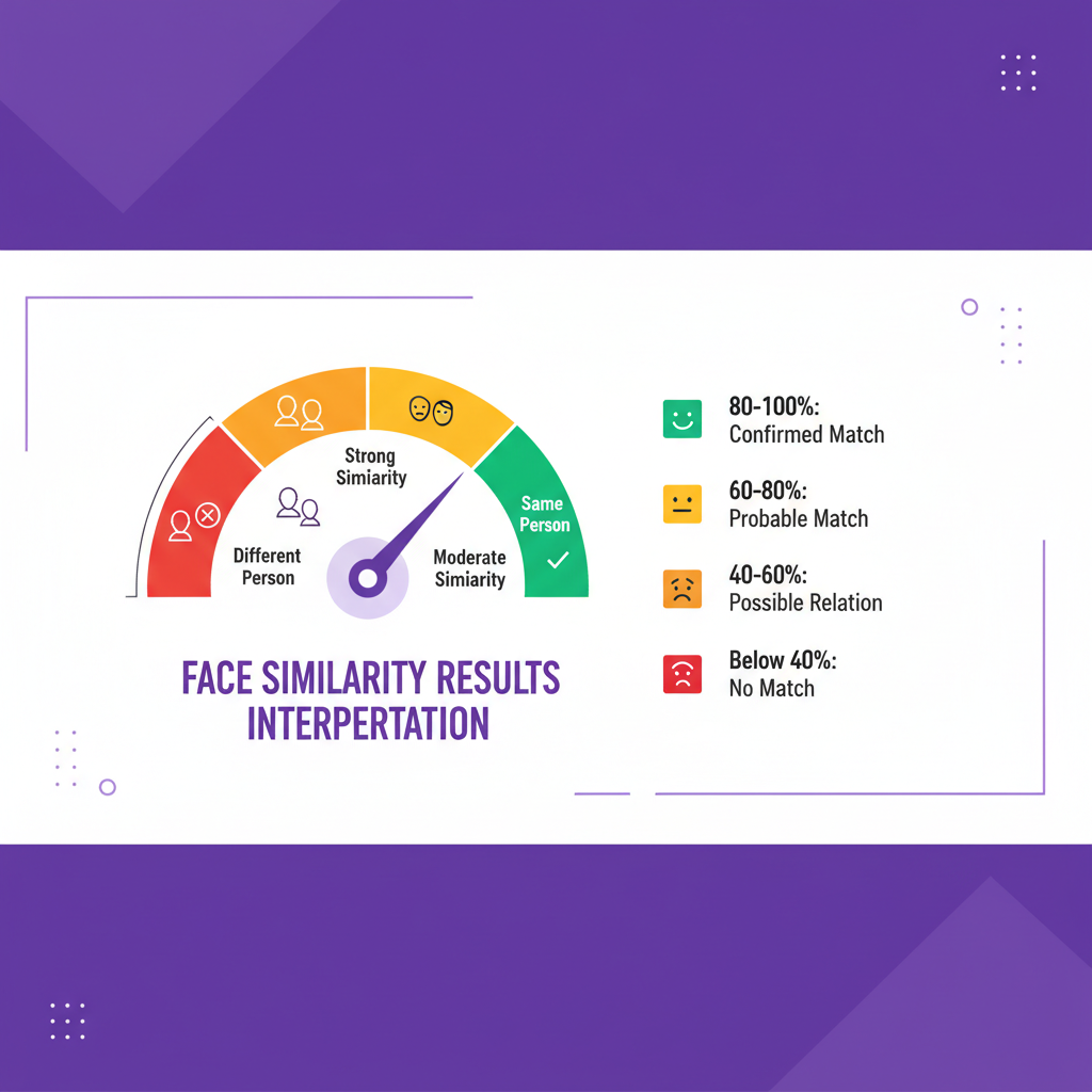 face similarity results display showing similarity percentage ranges and interpretation guide