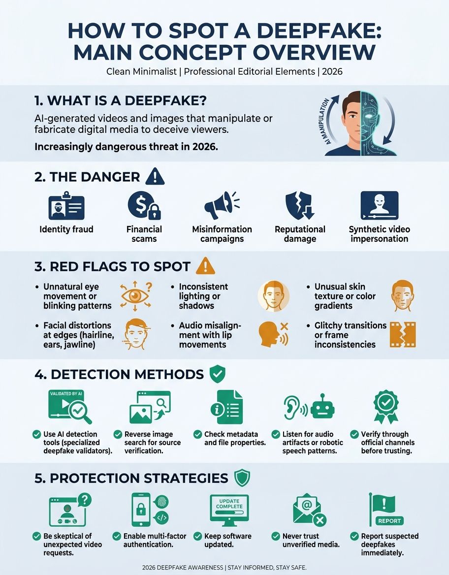 Main concept visualization of how to spot a deepfake technology and applications