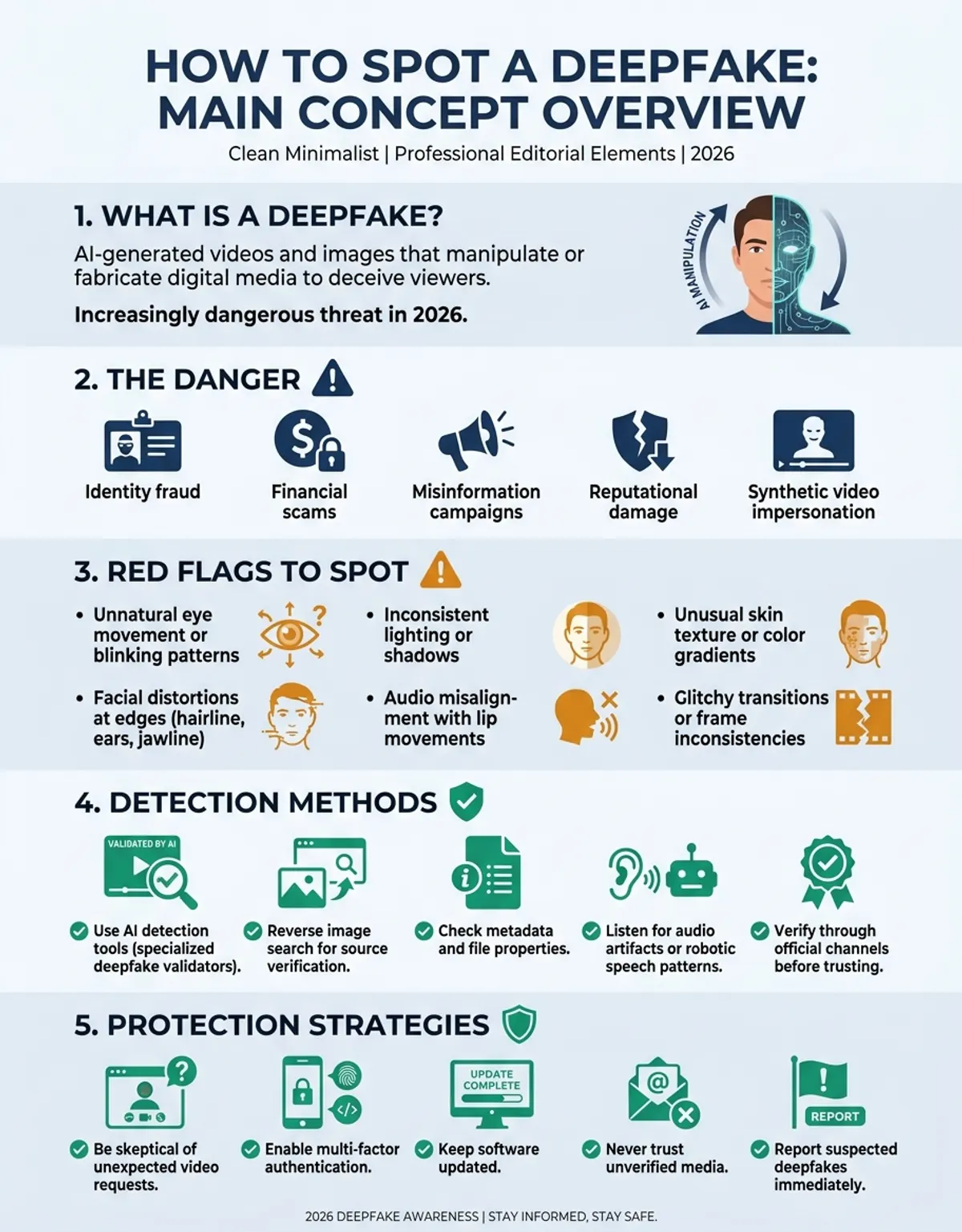 Main concept visualization of how to spot a deepfake technology and applications