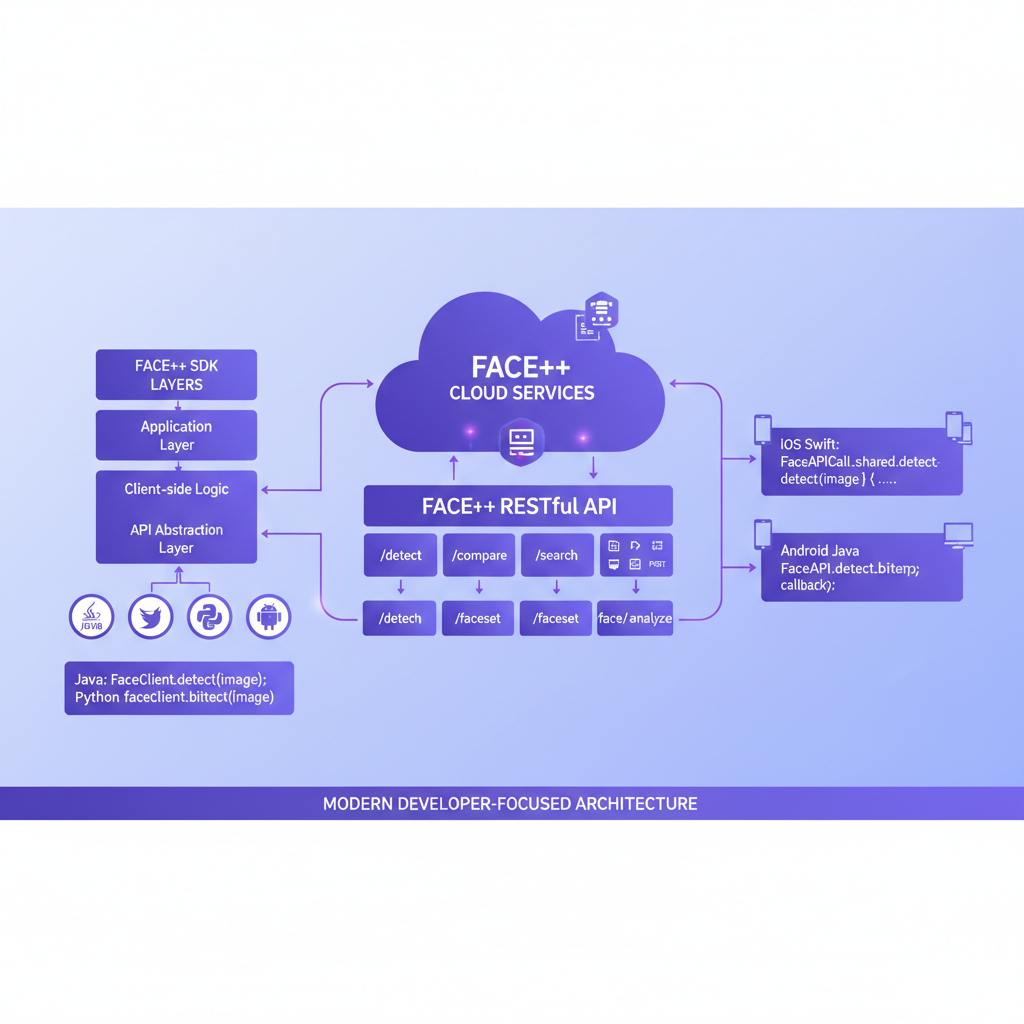 Face++ API and SDK technical architecture diagram showing RESTful endpoints and multi-platform integration