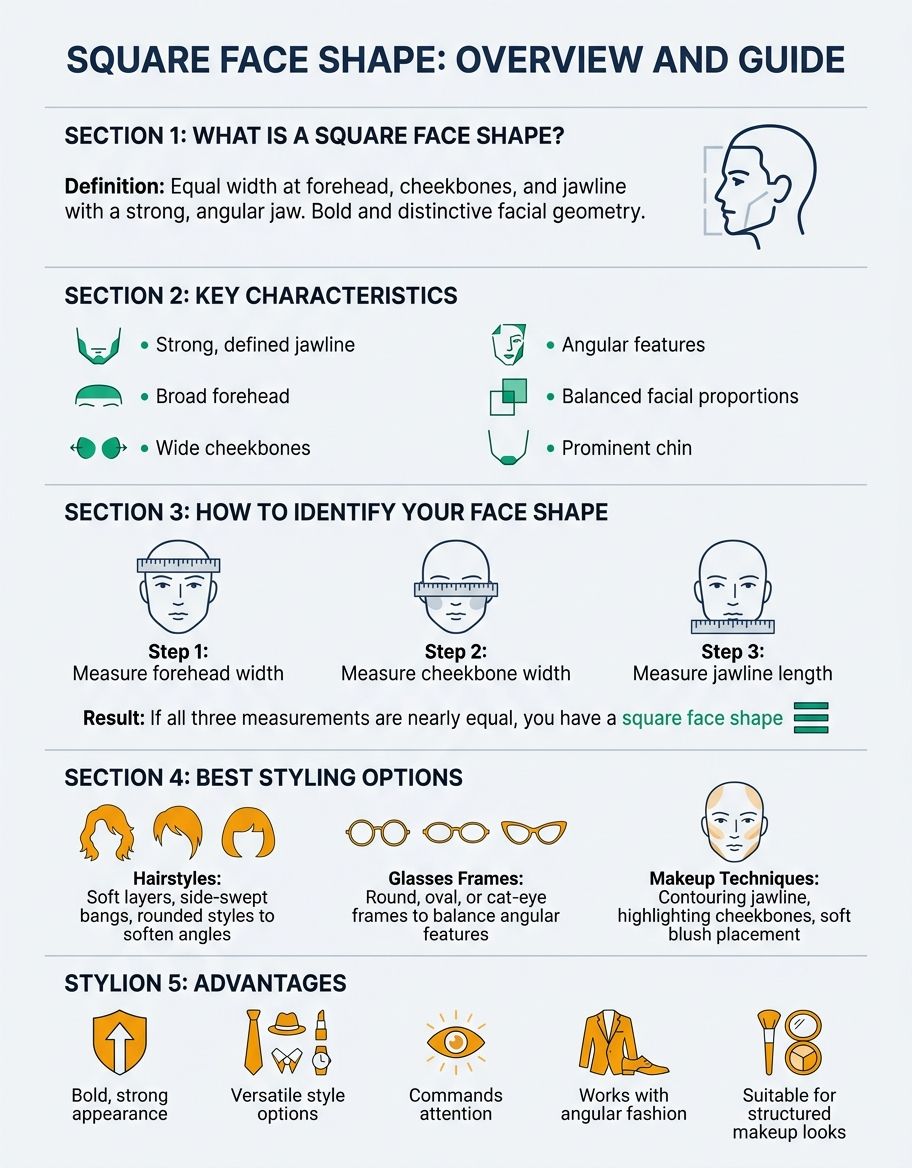 Square face shape identification guide — angular jaw, equal forehead and cheekbone width