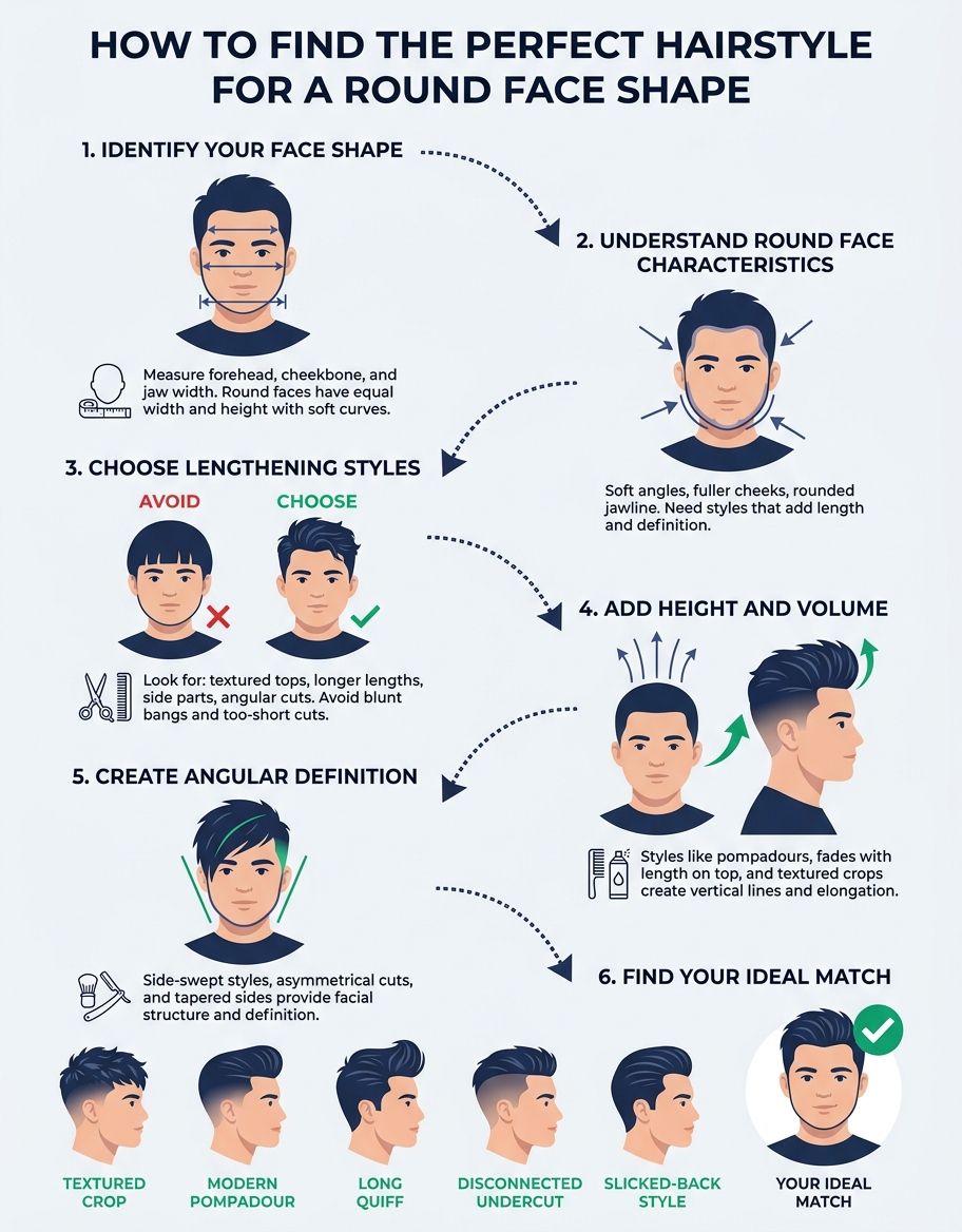 Explain how round face shape hairstyles male detection and matching works with numbered steps and flow