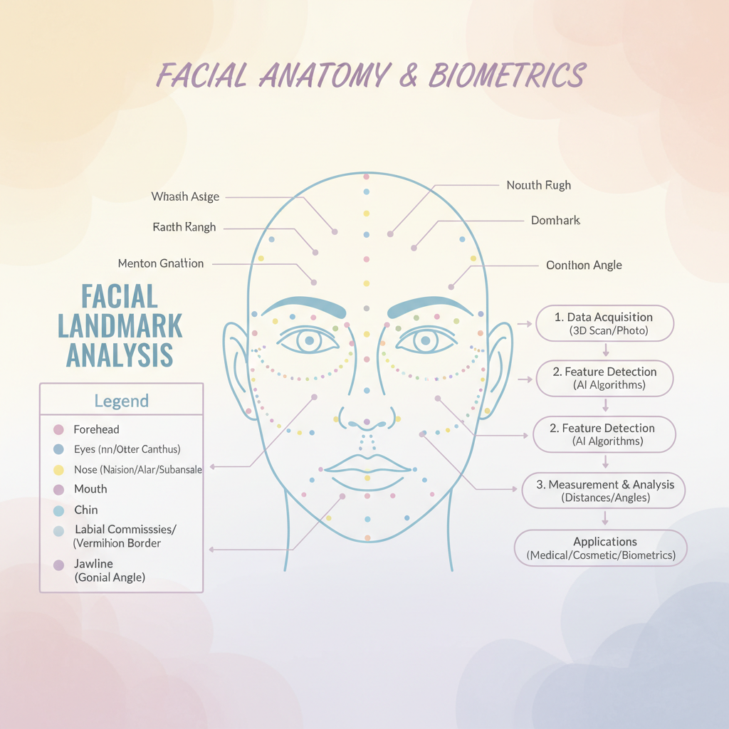 Face comparison online free facial features analysis showing labeled landmarks with measurement lines and similarity percentages