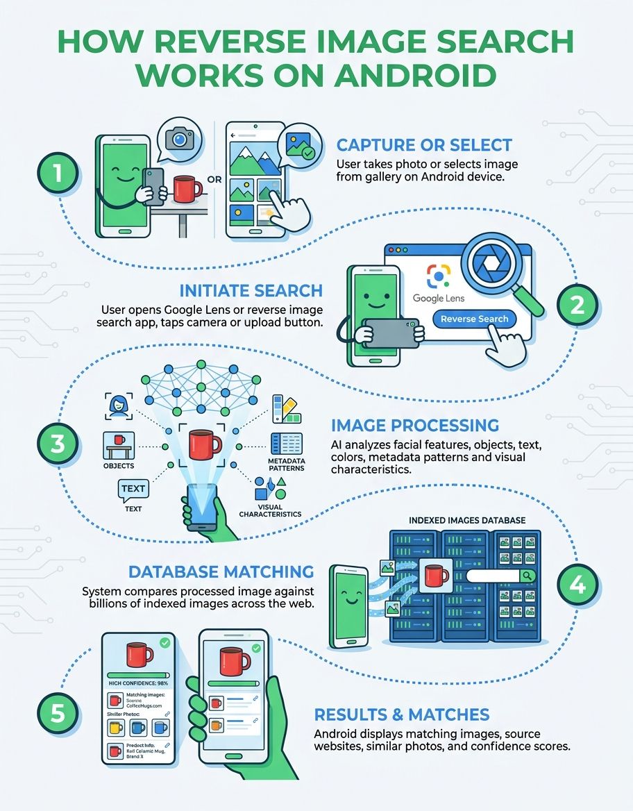 Explain how reverse image search android detection and matching works with numbered steps and flow