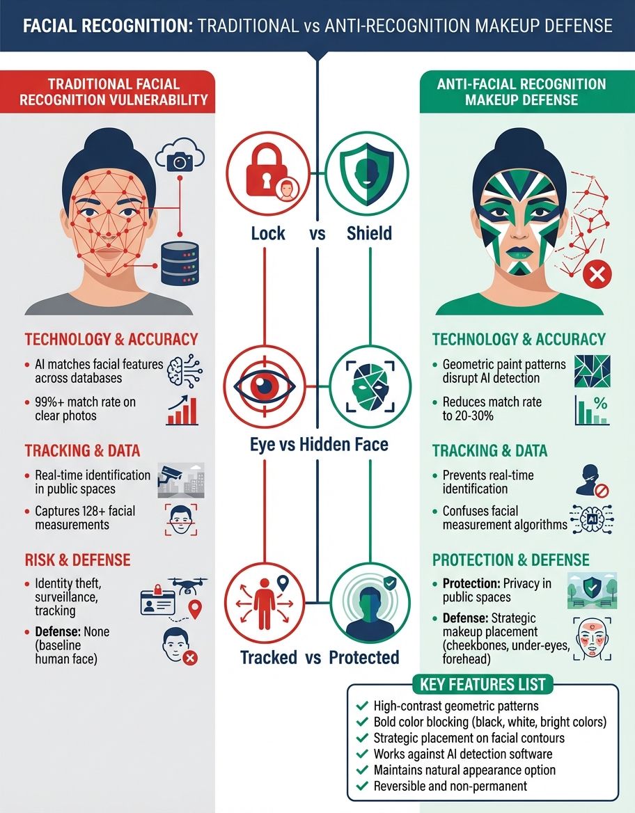 Side-by-side comparison of different anti-facial recognition makeup techniques