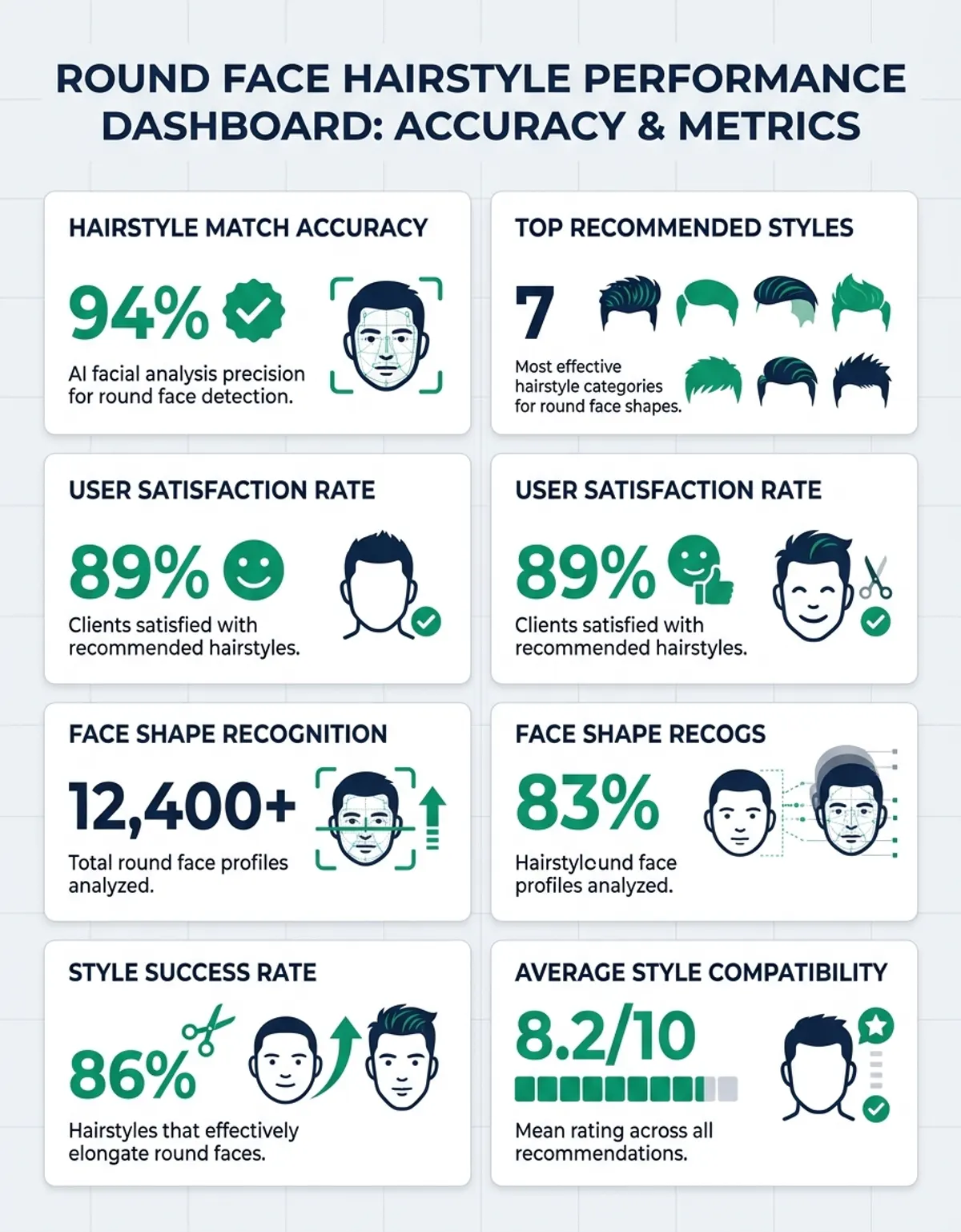 Data visualization showing accuracy metrics and performance statistics for round face shape hairstyles male