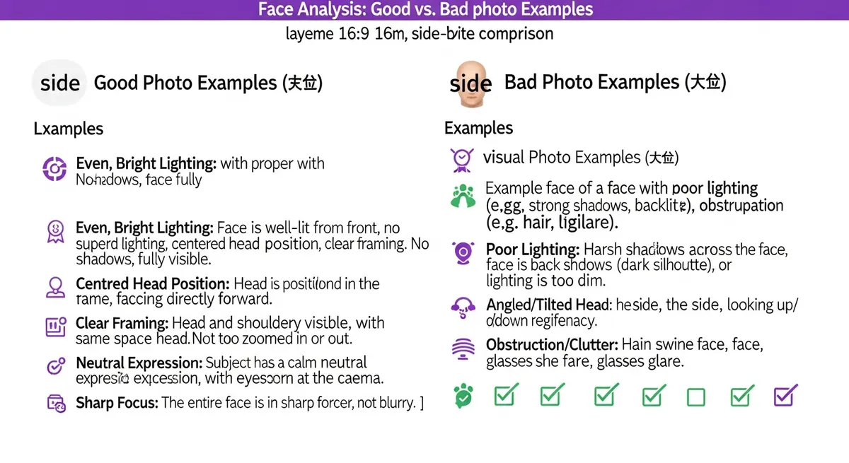 photo tips for face comparison showing proper lighting head position and framing examples