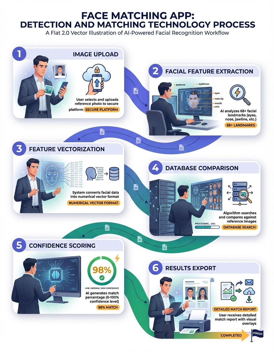Developer API workflow showing integration steps from upload to face detection to recognition results
