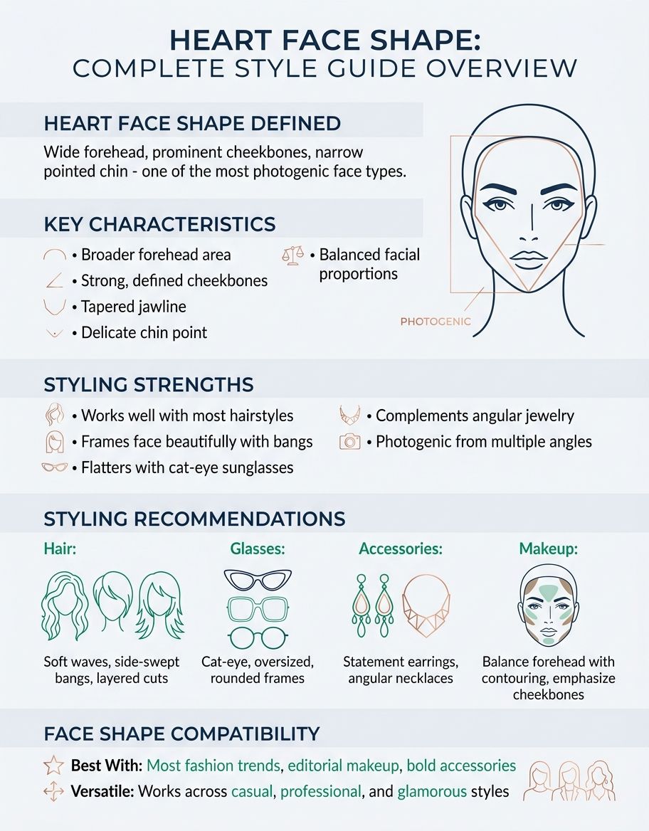 Heart face shape complete style guide overview — forehead, cheekbones, and jaw proportions illustrated