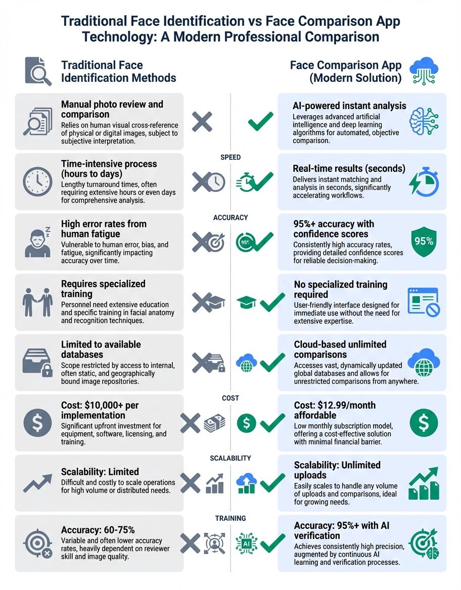 Face comparison app - Comparison/Features infographic showing features and capabilities