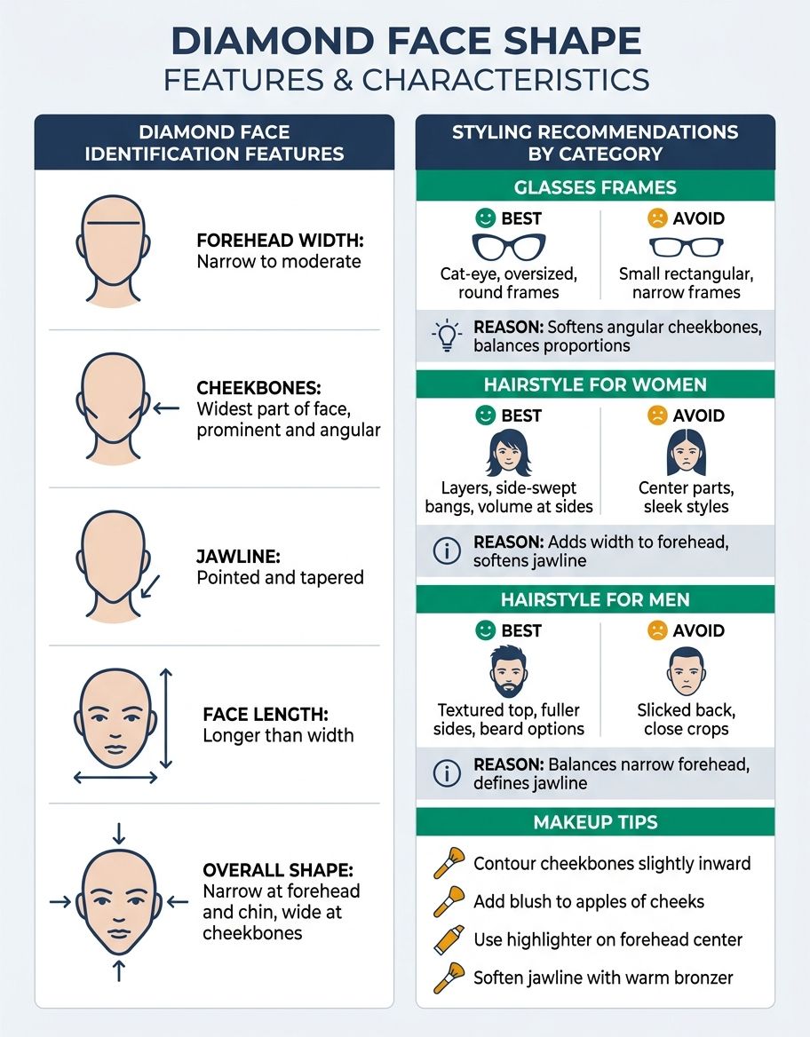 Diamond face shape vs other face shapes — comparison chart of oval, heart, square, and round