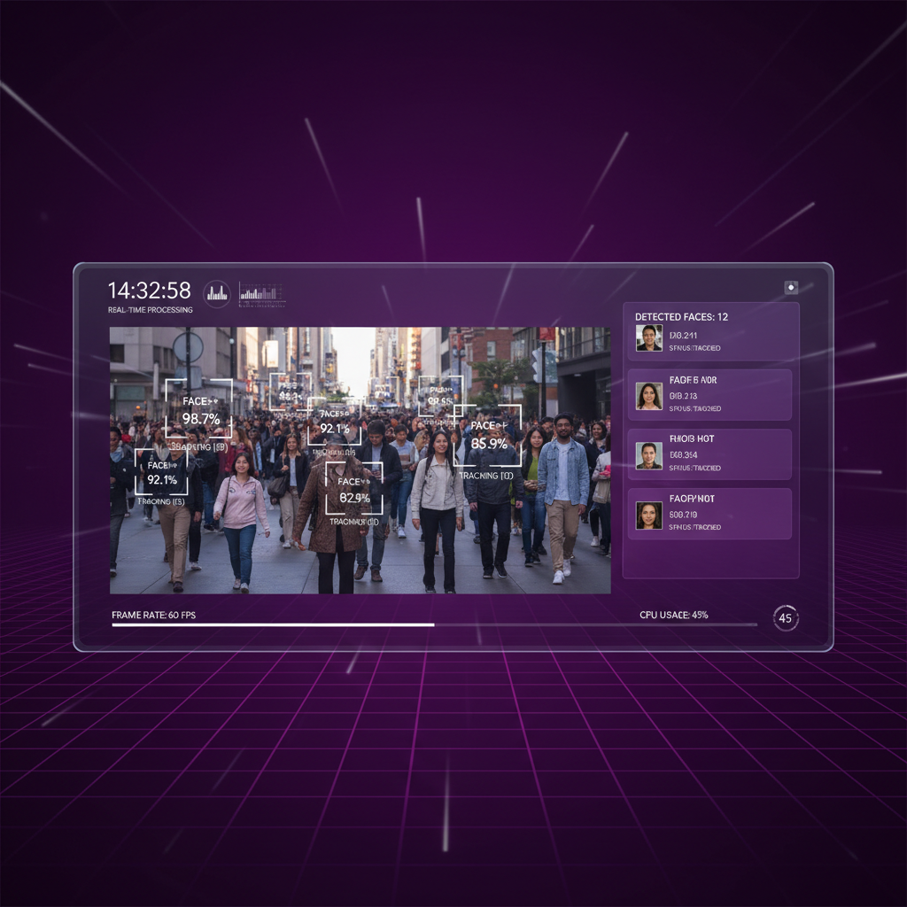 Face++ real-time face detection showing live video feed with multiple faces being tracked and analyzed