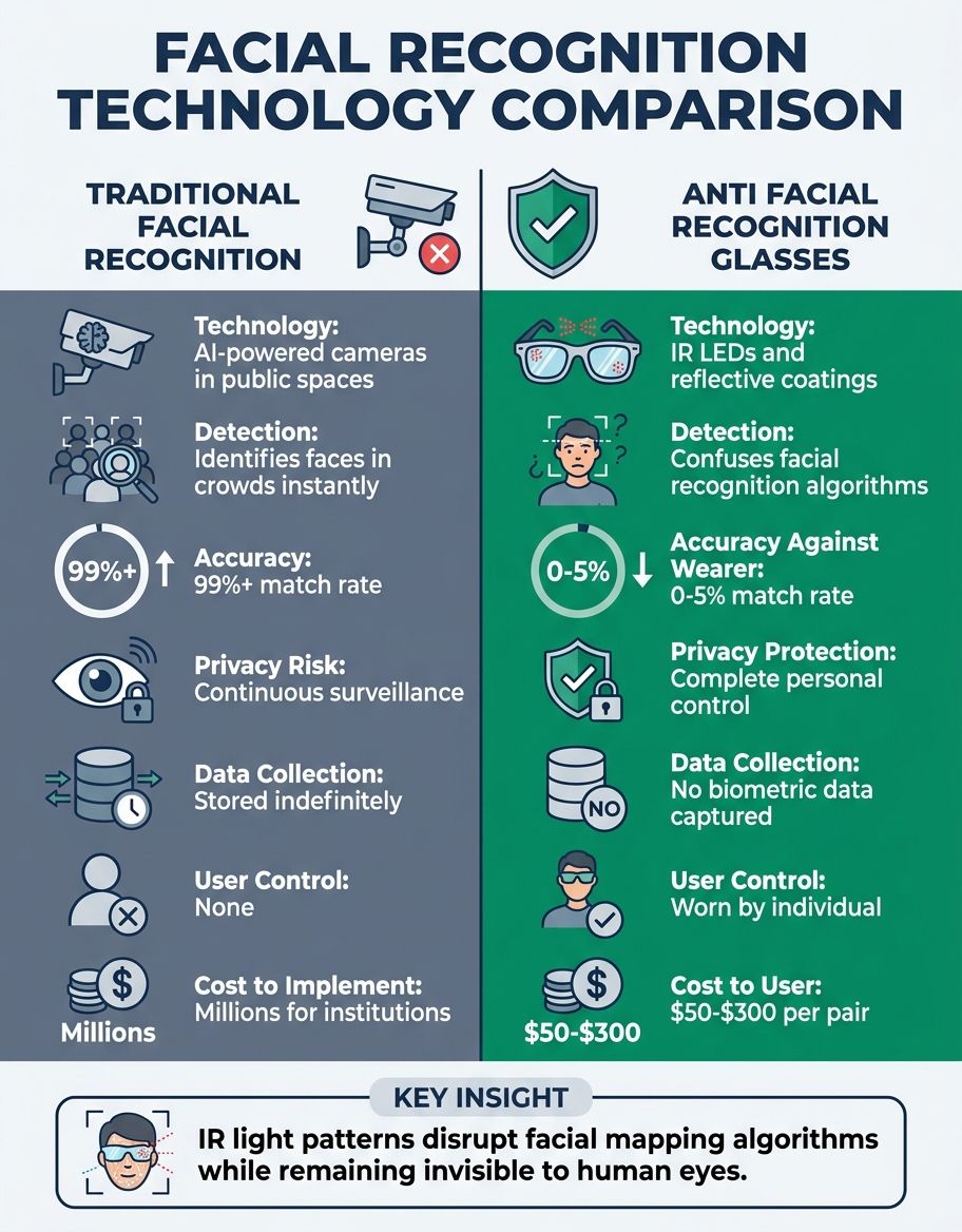 Infographic showing anti facial recognition glasses - Comparison/Features