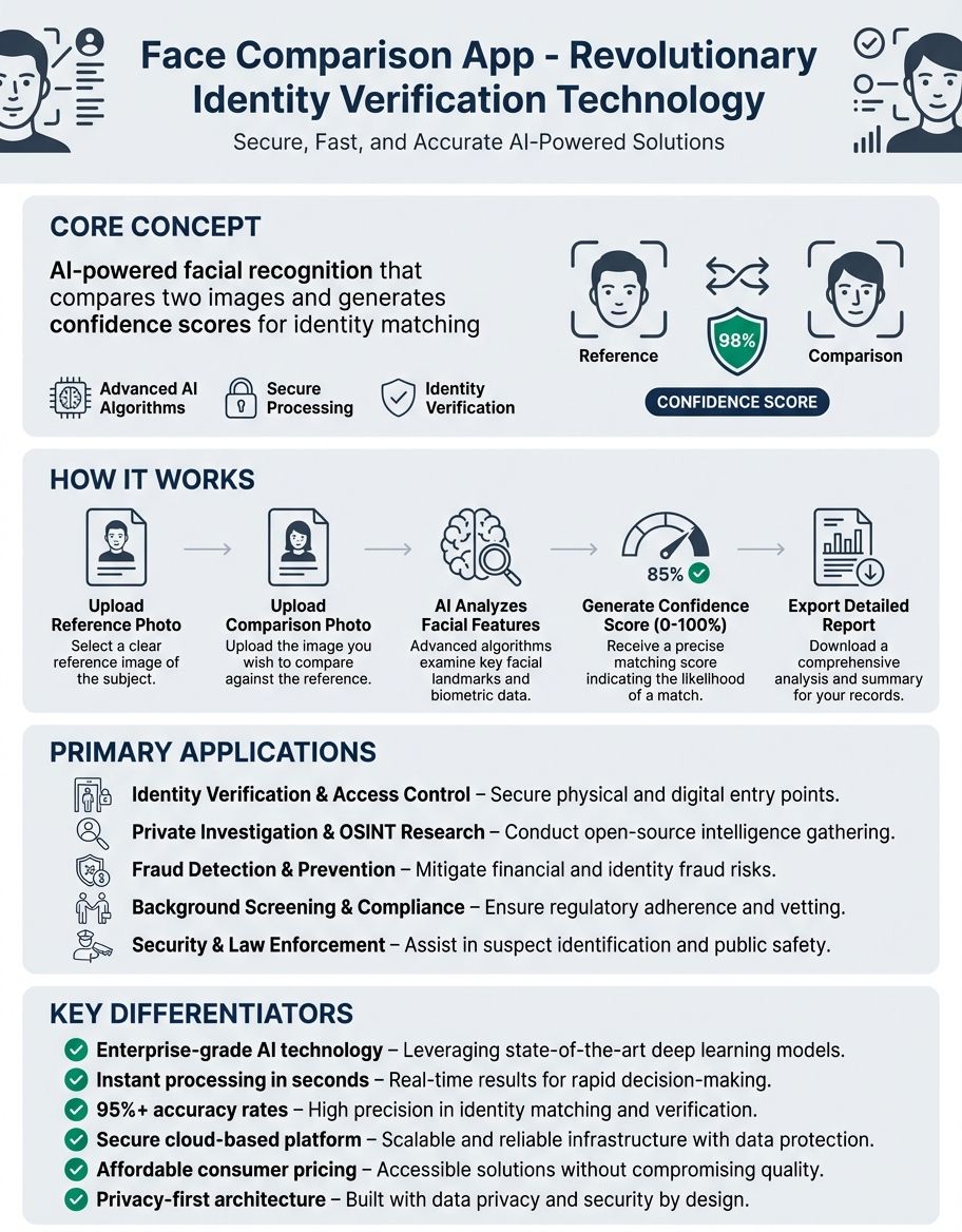 Face comparison app - Hero/Overview infographic showing face comparison technology and applications
