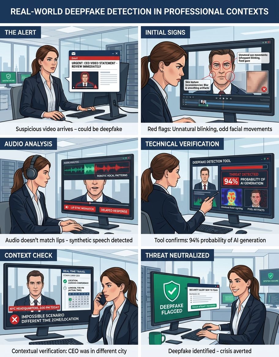 Real-world application scenario for how to spot a deepfake in professional context