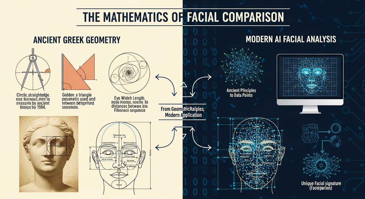 Educational infographic showing how Euclidean distance mathematics from ancient Greece powers modern AI facial comparison technology