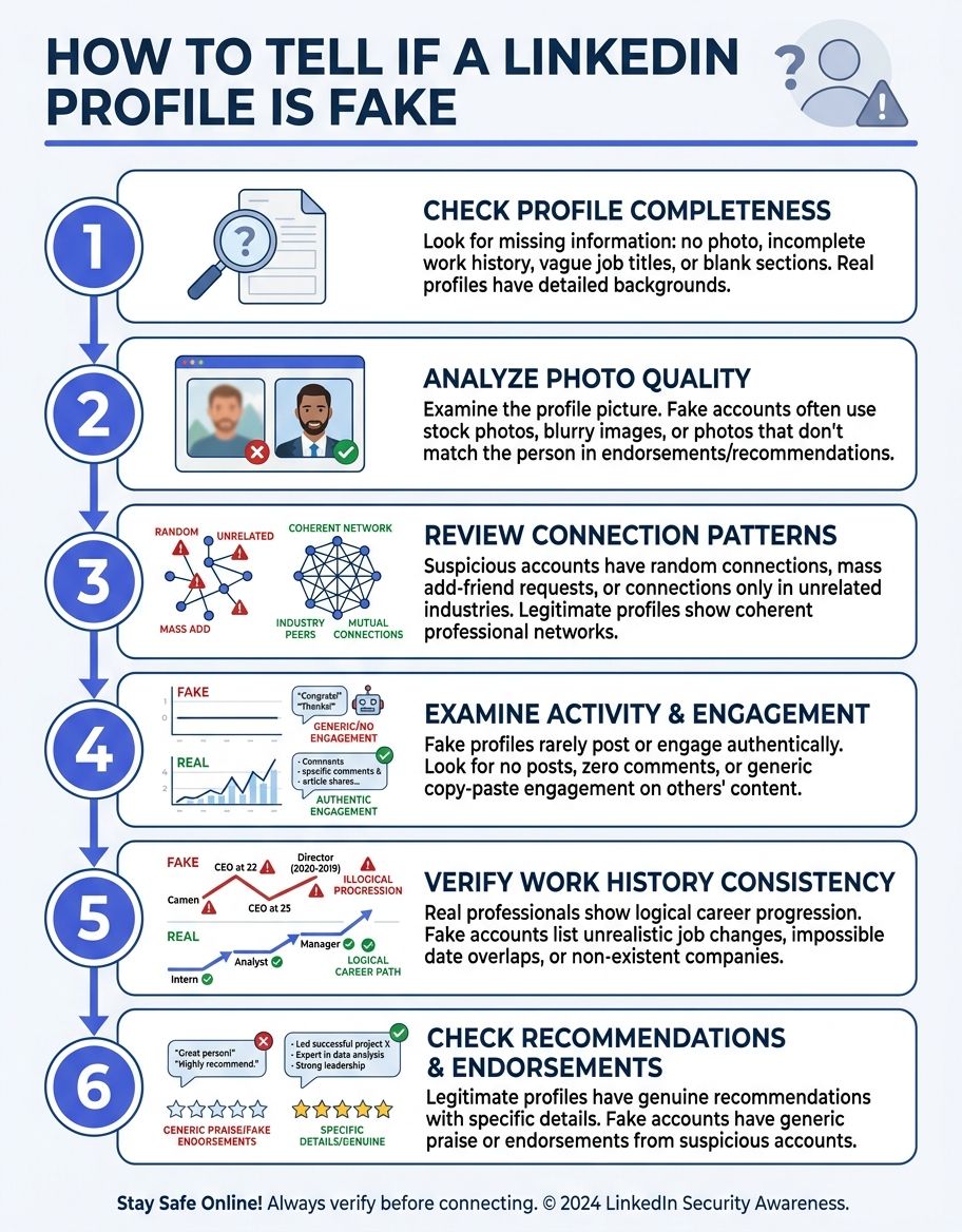 Explain how how to tell if a linkedin profile is fake detection and matching works with numbered steps and flow