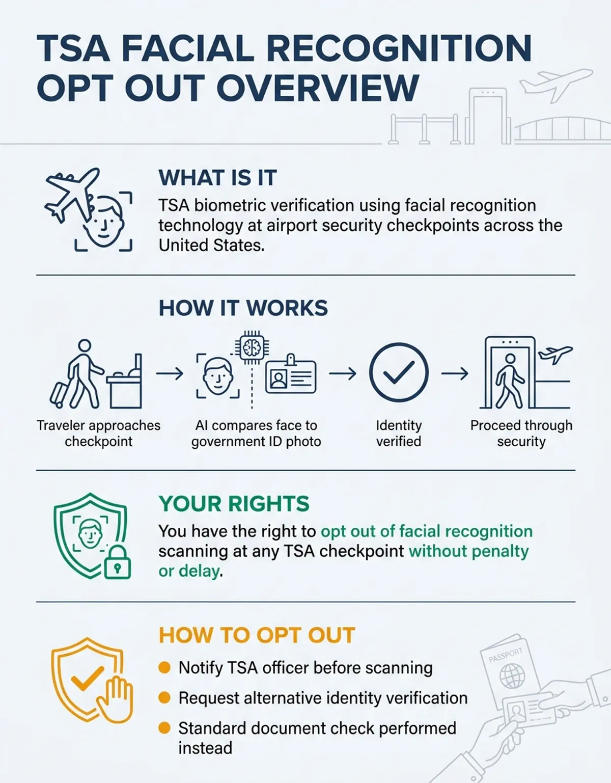 Traveler at an airport checkpoint declining a biometric face scan