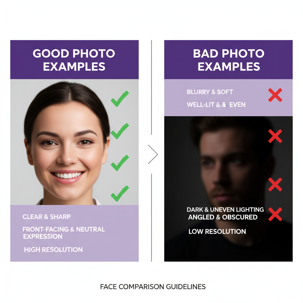 image quality comparison showing good versus bad photos for accurate face similarity testing