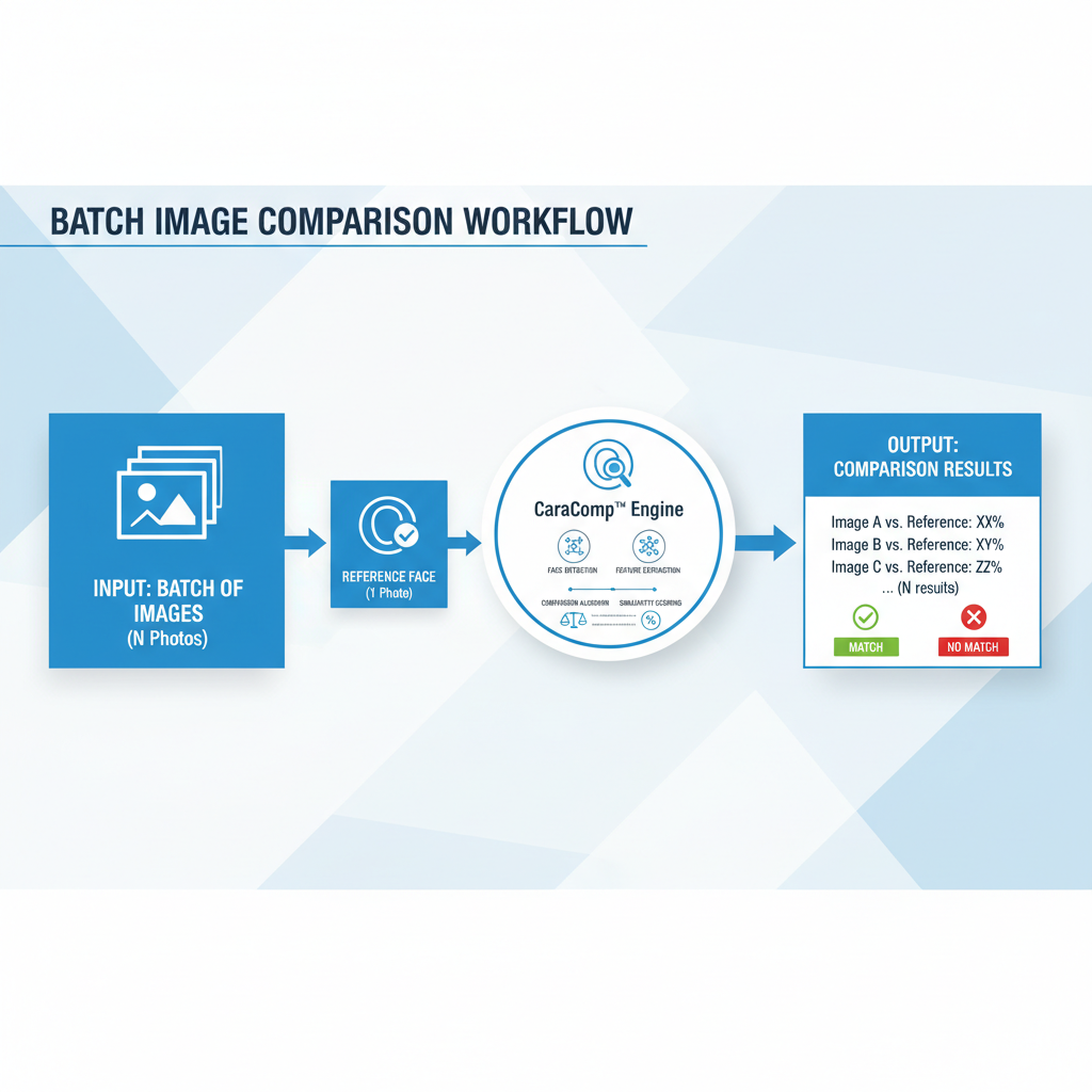 Batch image comparison workflow diagram showing how CaraComp processes multiple images against a single reference face