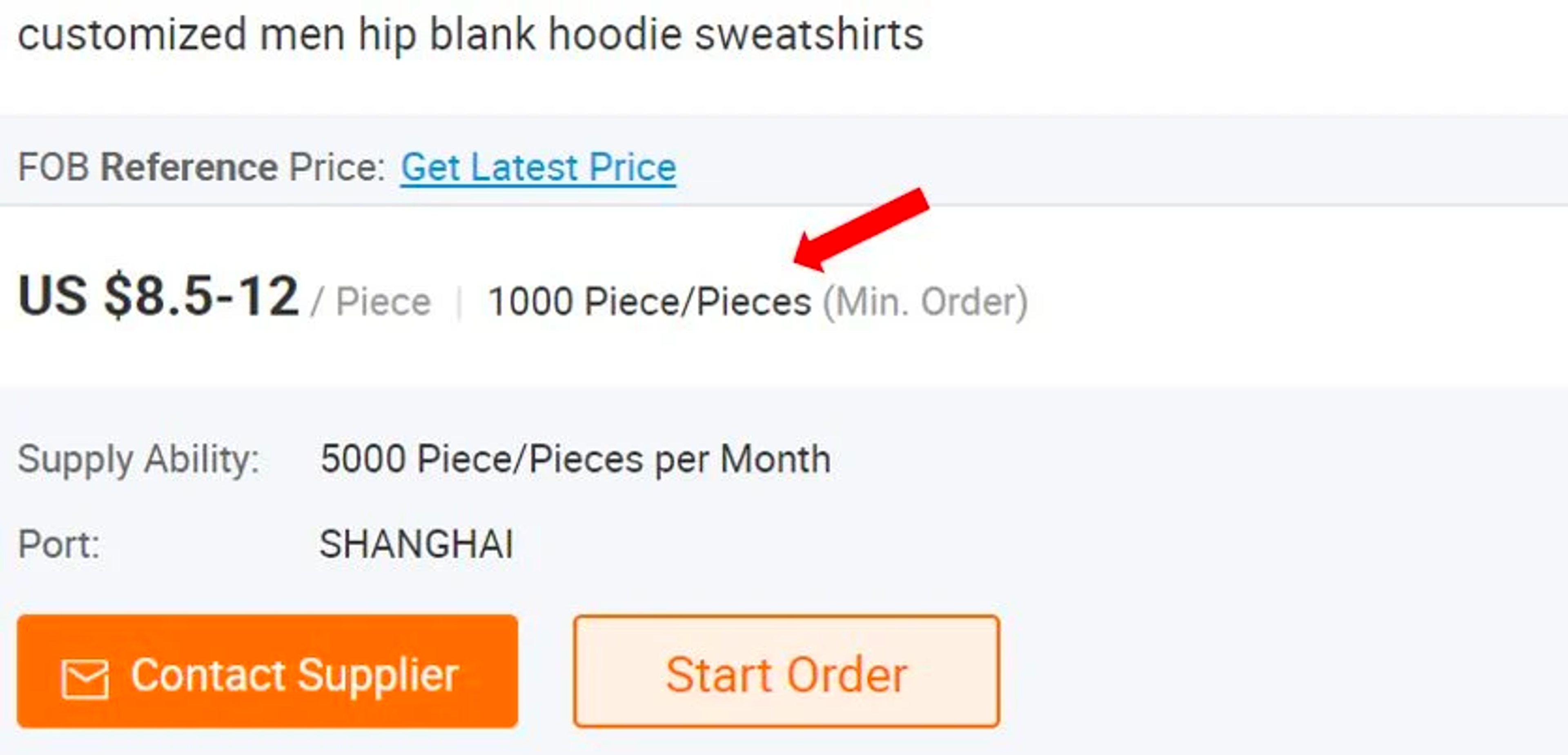 Image showing minimum order quantity on Alibaba