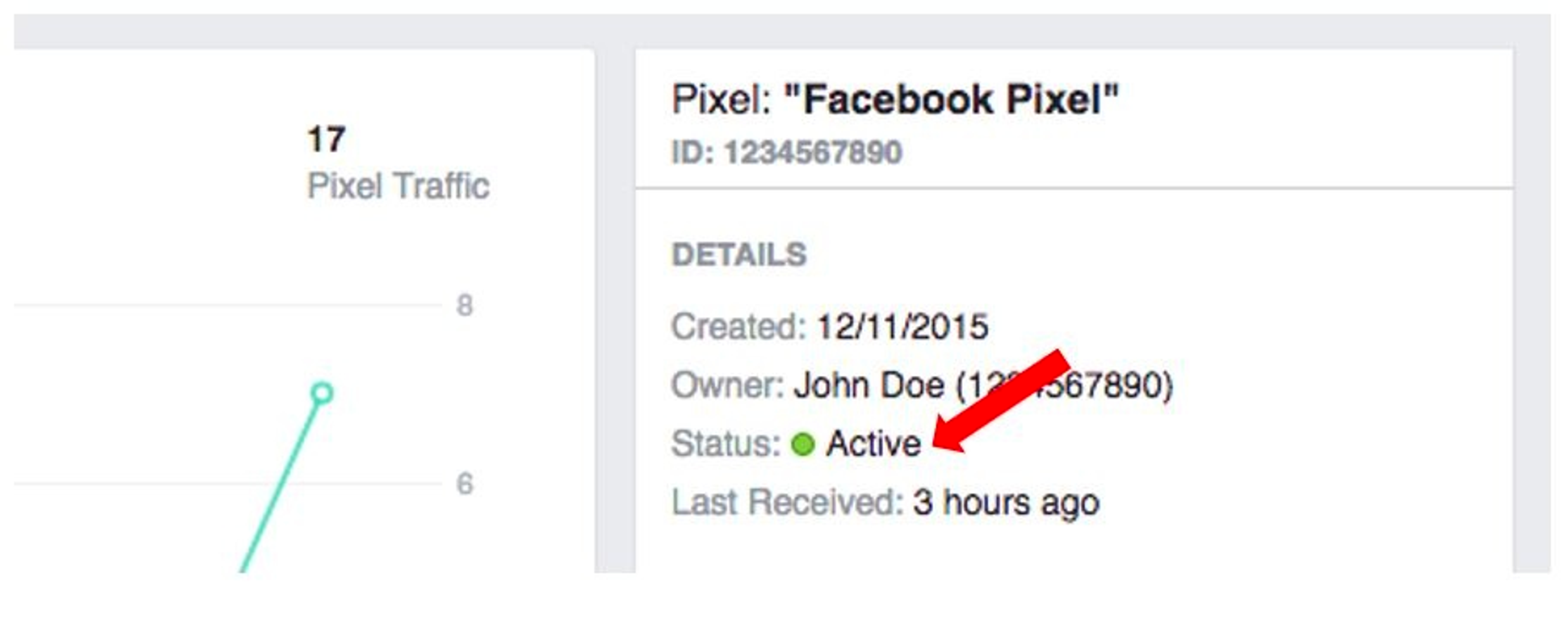 Screenshot of the Facebook pixel showing an active status