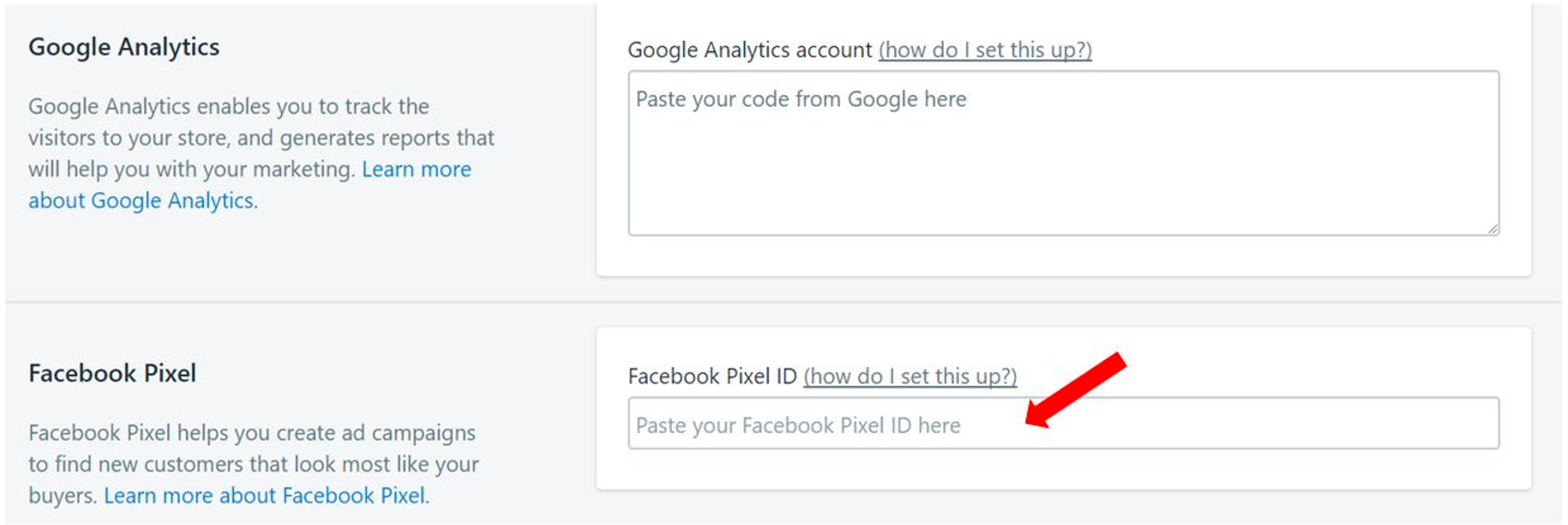 Screenshot of Shopify's Facebook pixel settings