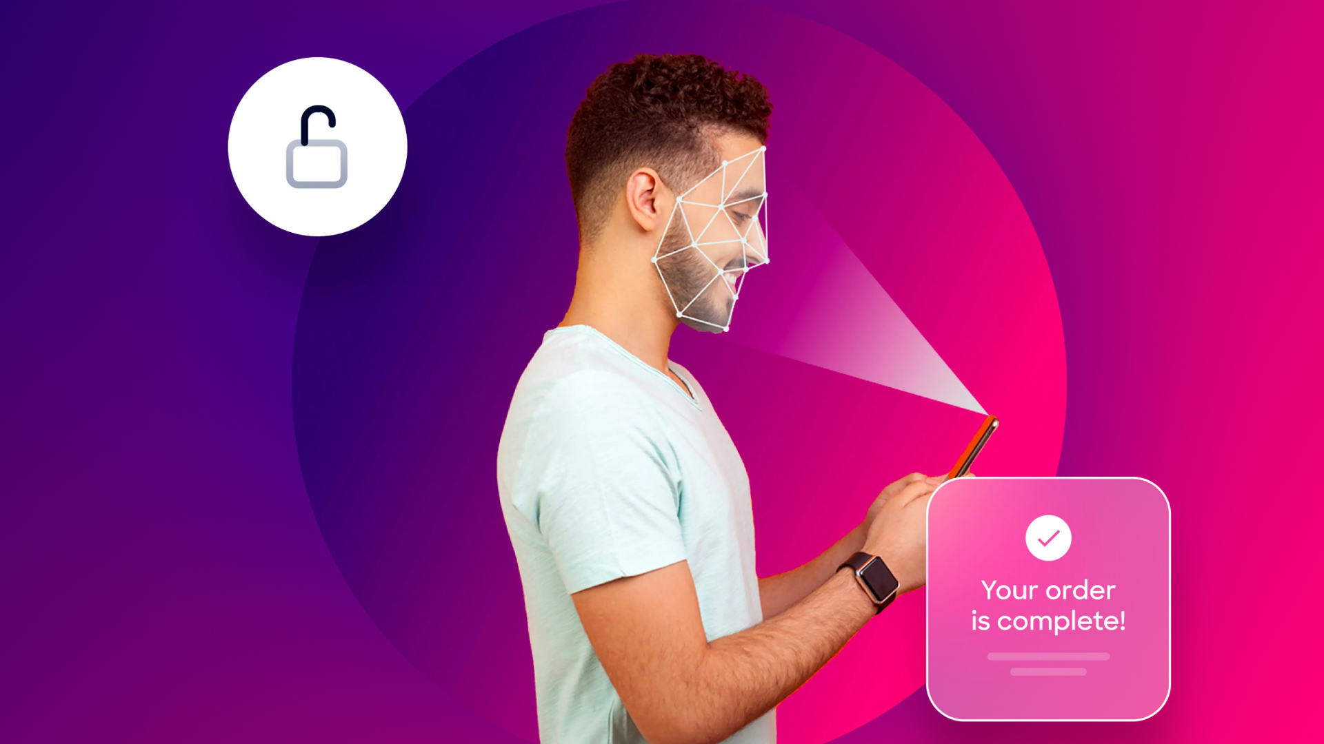 A person being scanned by a biometric scanner on their phone and completing checkout.