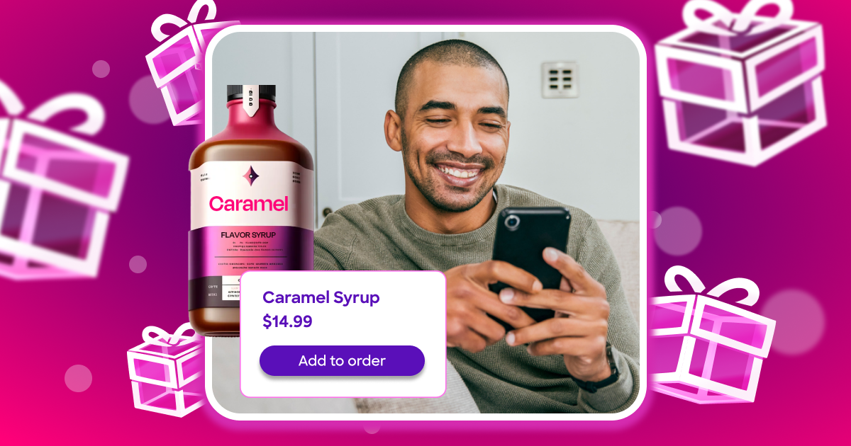 Image depicts a man accepting an upsell offer of Caramel Syrup -Easy order-bumps … upsells and cross-sells designed to boost retail revenue and maximize your shopify store's e-commerce sales between Black Friday and Boxing Day.