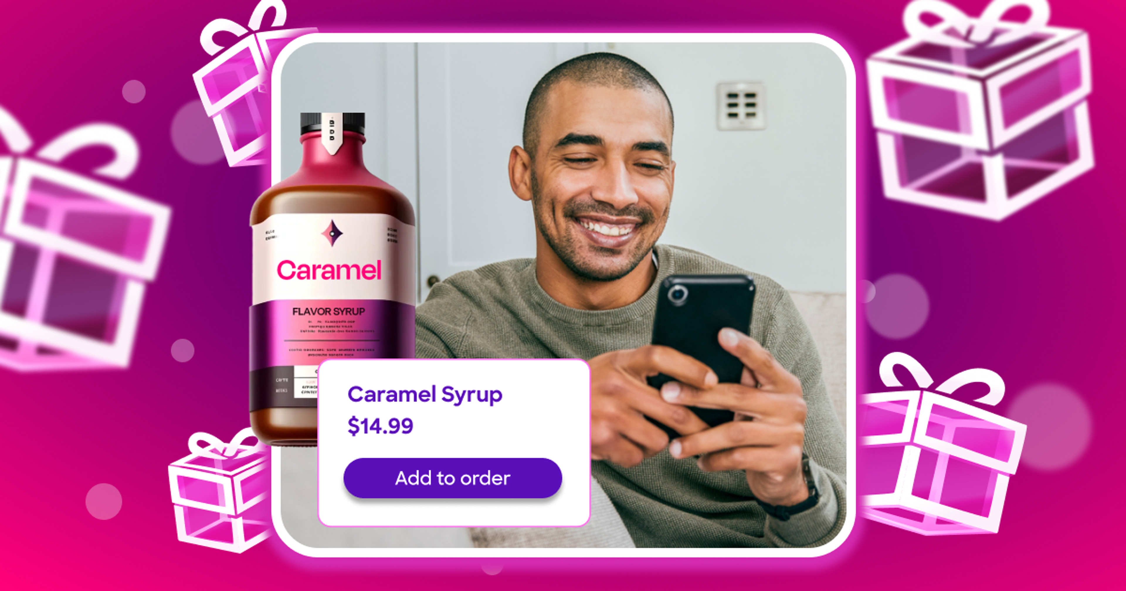 Image depicts a man accepting an upsell offer of Caramel Syrup