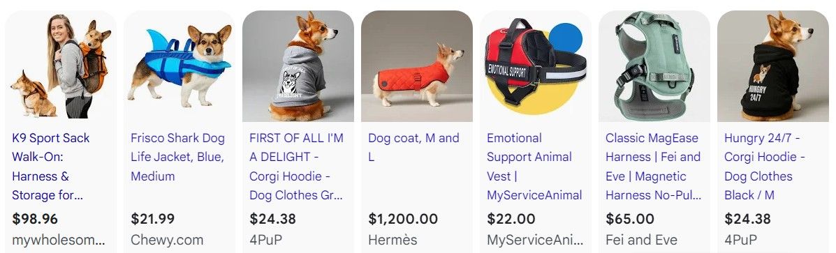 Shopping results for dog travel gear and pet protection in Google AI Mode from a demo for Shopify Retailers