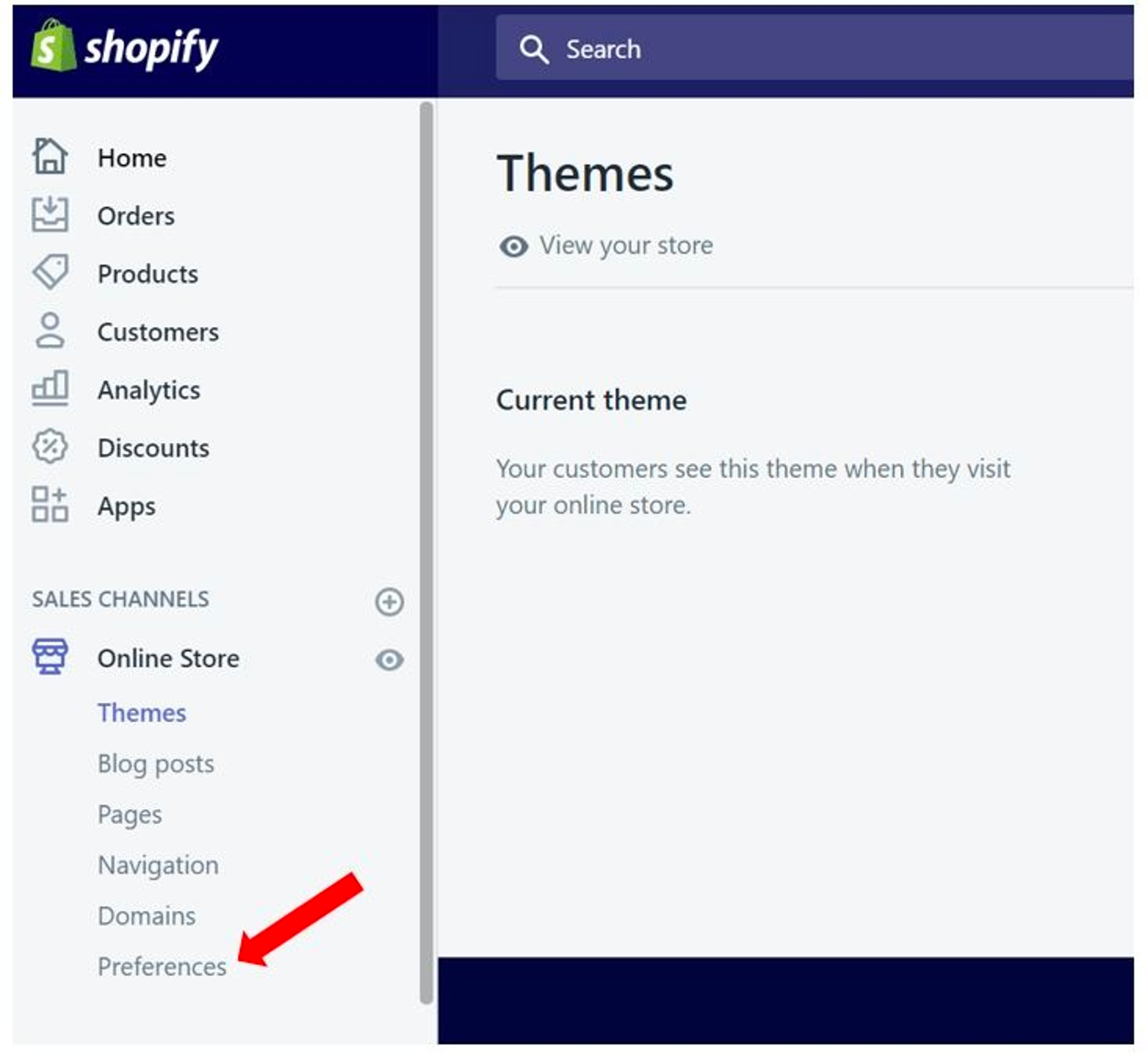 Screenshot of Shopify UI and the preferences link