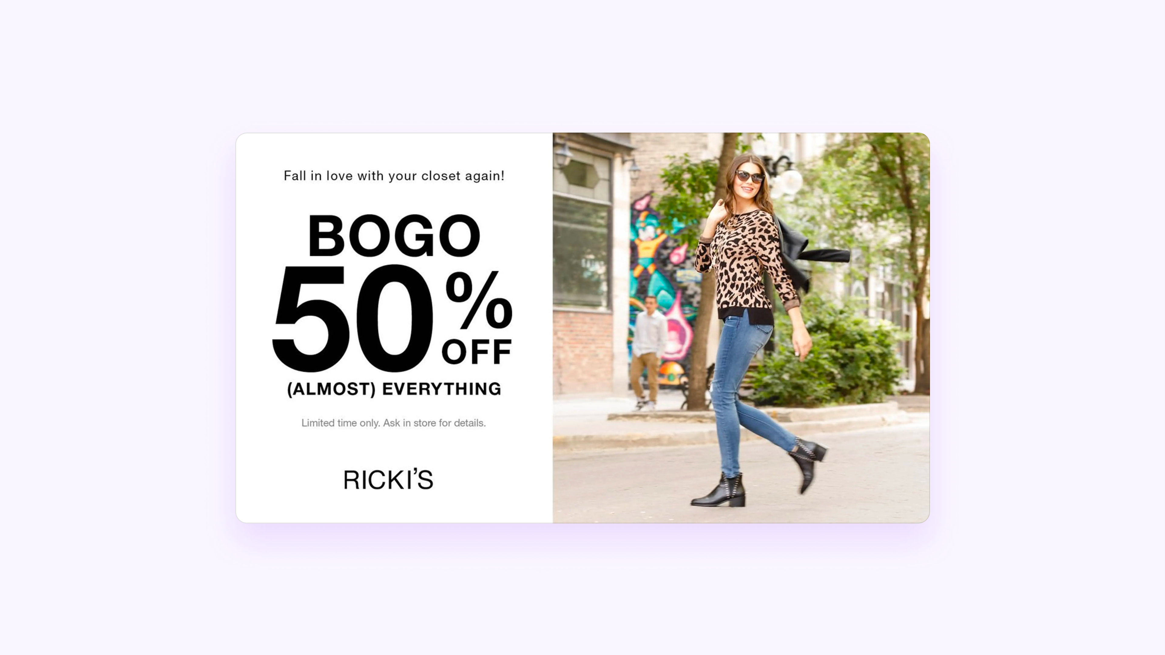 Image depicts 'buy one, get one 50% off' offer from retailer Ricki's