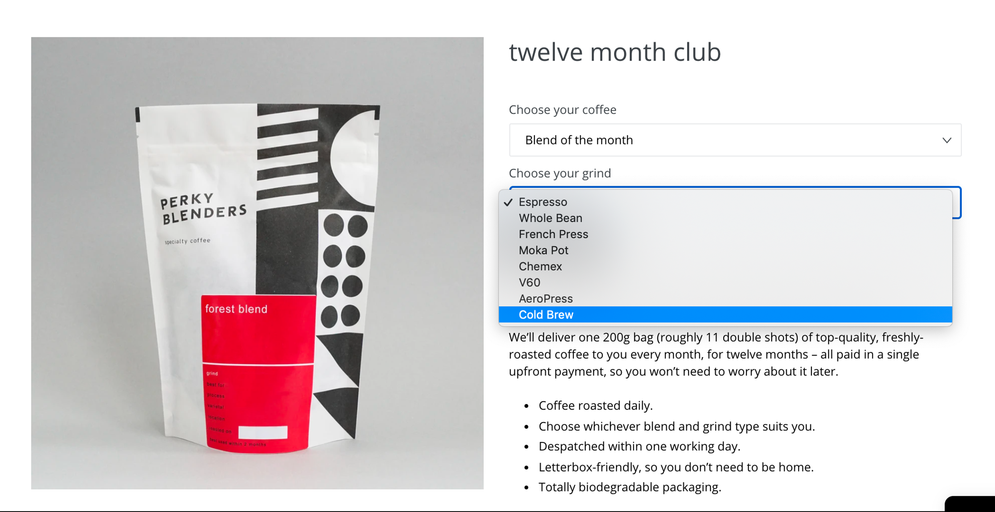 Coffee Club subscription options
