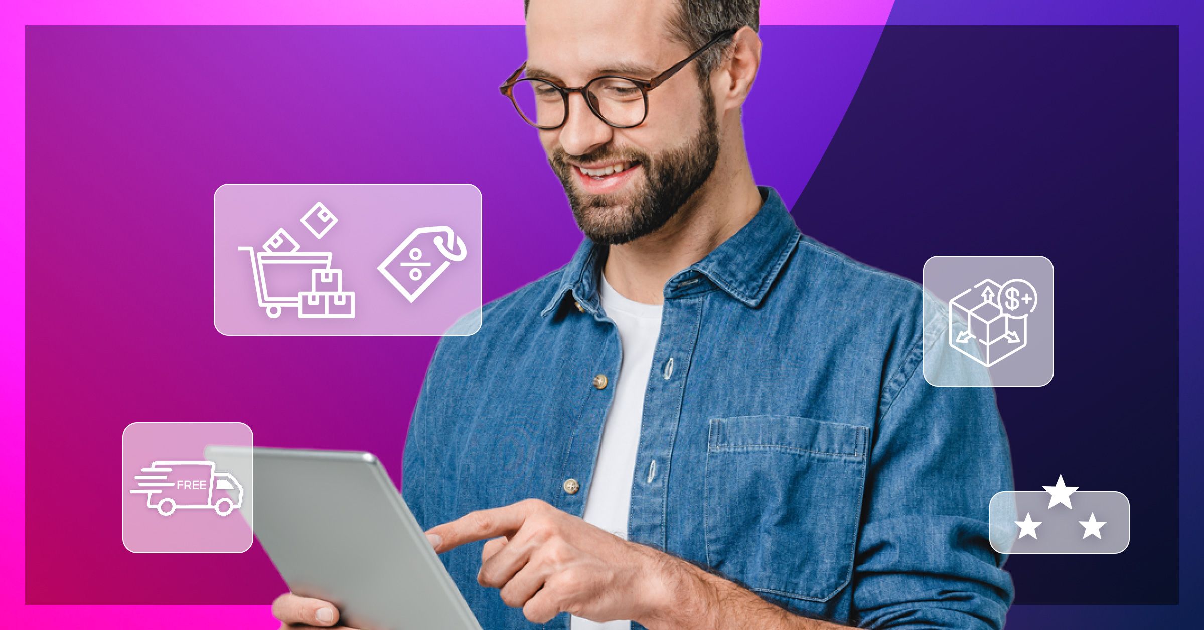 Photo of man pointing to tablet with icons of checkout processes around him. 